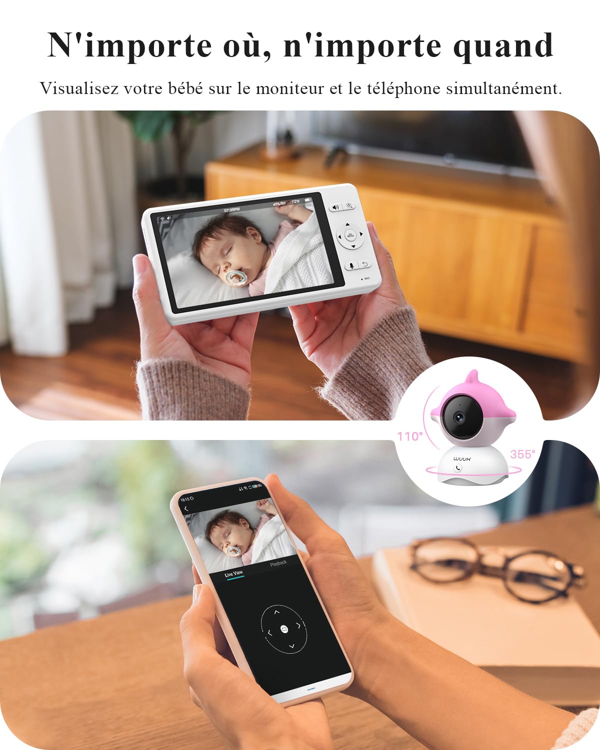 WUUK 2K/3MP 5.5'' Babyphone Caméra, Vidéo Bébé Surveillance 360° PTZ avec APP, Alerte des Mouvements/Crier/Température et d'humidité, Vision Nocturne Ultra HD, Batterie 3700mAh, Ultra Grand Angle 135°