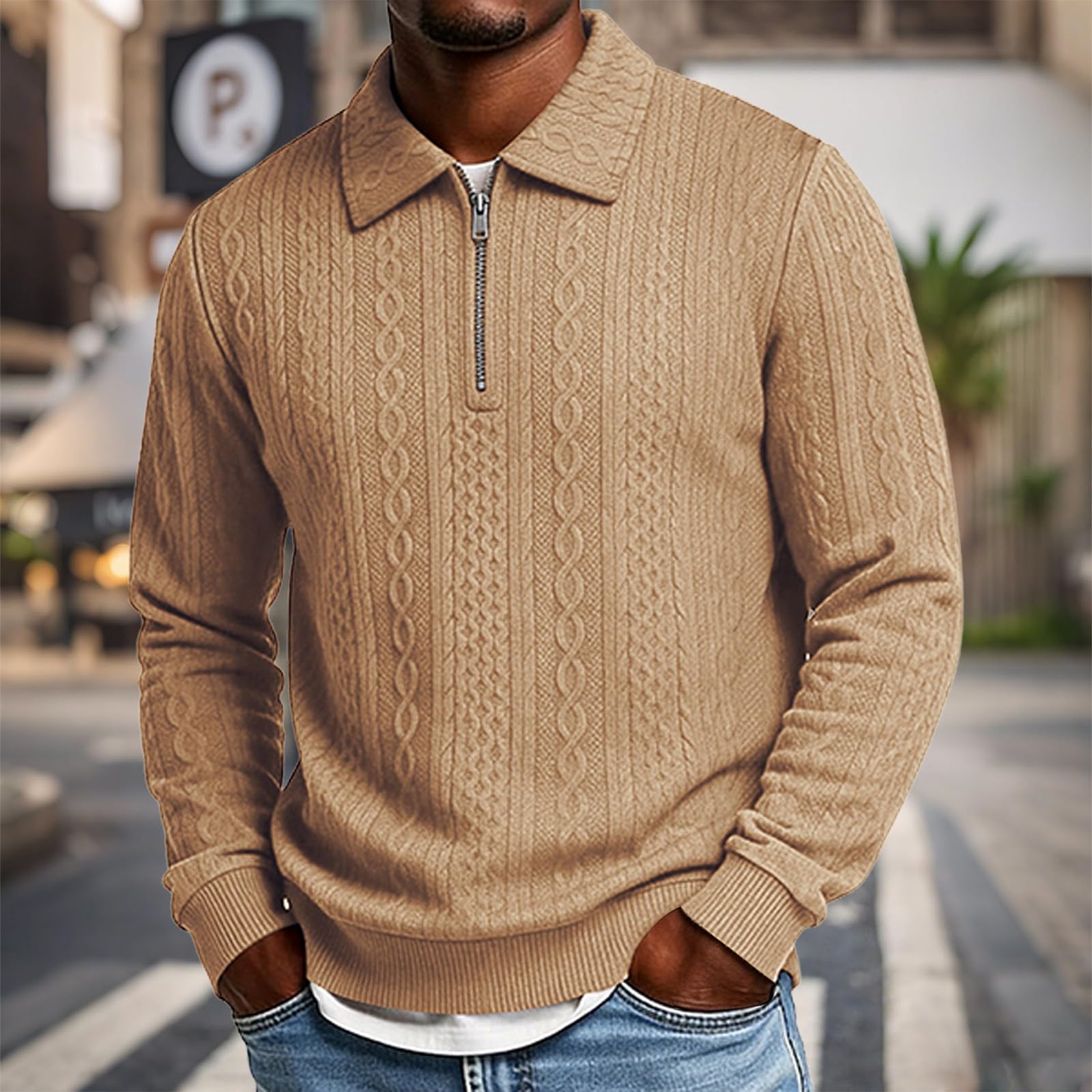 Polo da uomo a maglia a trecce, con cerniera a un quarto, a maniche lunghe
