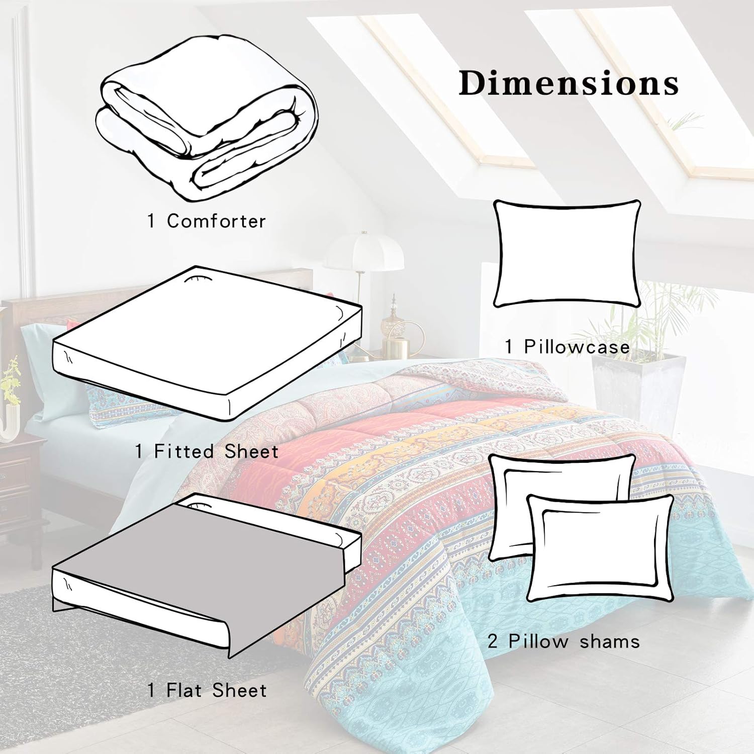 Flysheep Boho Striped Bed in a Bag 6-Pieces Twin Size, Colorful Bohemian Tribal Teal Blue Red Reversible Bed Comforter Set (1 Comforter, 1 Flat Sheet, 1 Fitted Sheet, 2 Pillow Shams, 1 Pillowcase) - Image 7