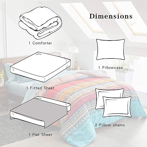 Miniatura 7 de Flysheep Juego de edredón reversible de 6 piezas con diseño bohemio a rayas en una bolsa, tamaño individual, colorido, bohemio, tribal, verde