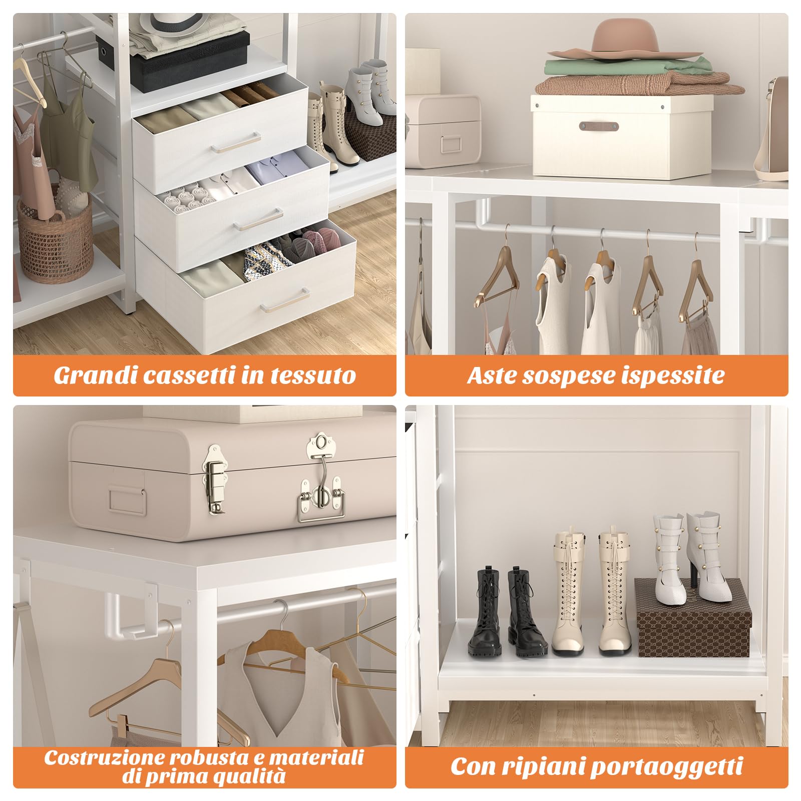 iSunirm Armadio Aperto con aste Appendiabiti, cassetti, Guardaroba Indipendente, Sistema di organizzazione per armadi Resistenti, Bianco