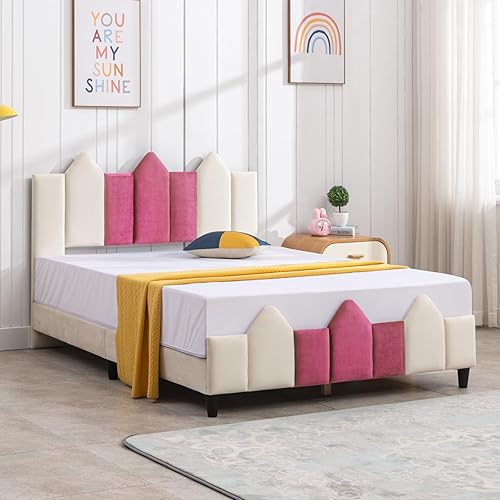 MUZZ Base de cama de plataforma de tamaño individual rosa para niños, marco de cama tapizado de tela de terciopelo, marco resistente y soporte de