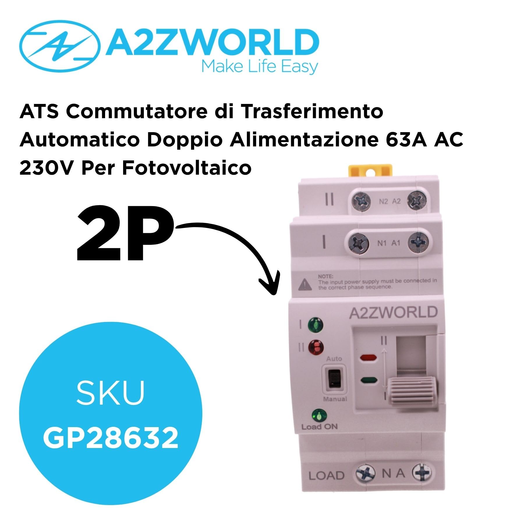 ATS Commutatore Automatico di Rete 63A, Interruttore di Trasferimento Automatico 2P 220V, Guida DIN, Manuale/Automatico, Doppia Alimentazione per Impianti Fotovoltaico Domestici e Industriali