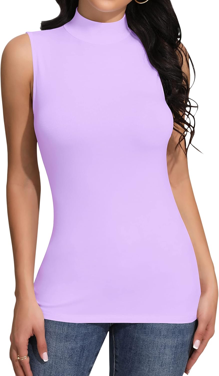 SHEIUGU Women’s Sleeveless Mock Turtleneck Tops for Women Sexy Tank T Shirts for Women Fitted Shirts Basic Tee(Sleeveless Lavender-A-Small)