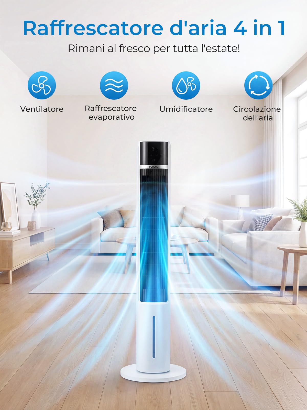 FOHERE Raffreddatore ad aria e raffreddamento ad acqua, ultra silenzioso, ventilatore a torre con Air Cooler, timer 24 ore, telecomando, serbatoio dell'acqua da 3,2 l, per soggiorno, camera da letto