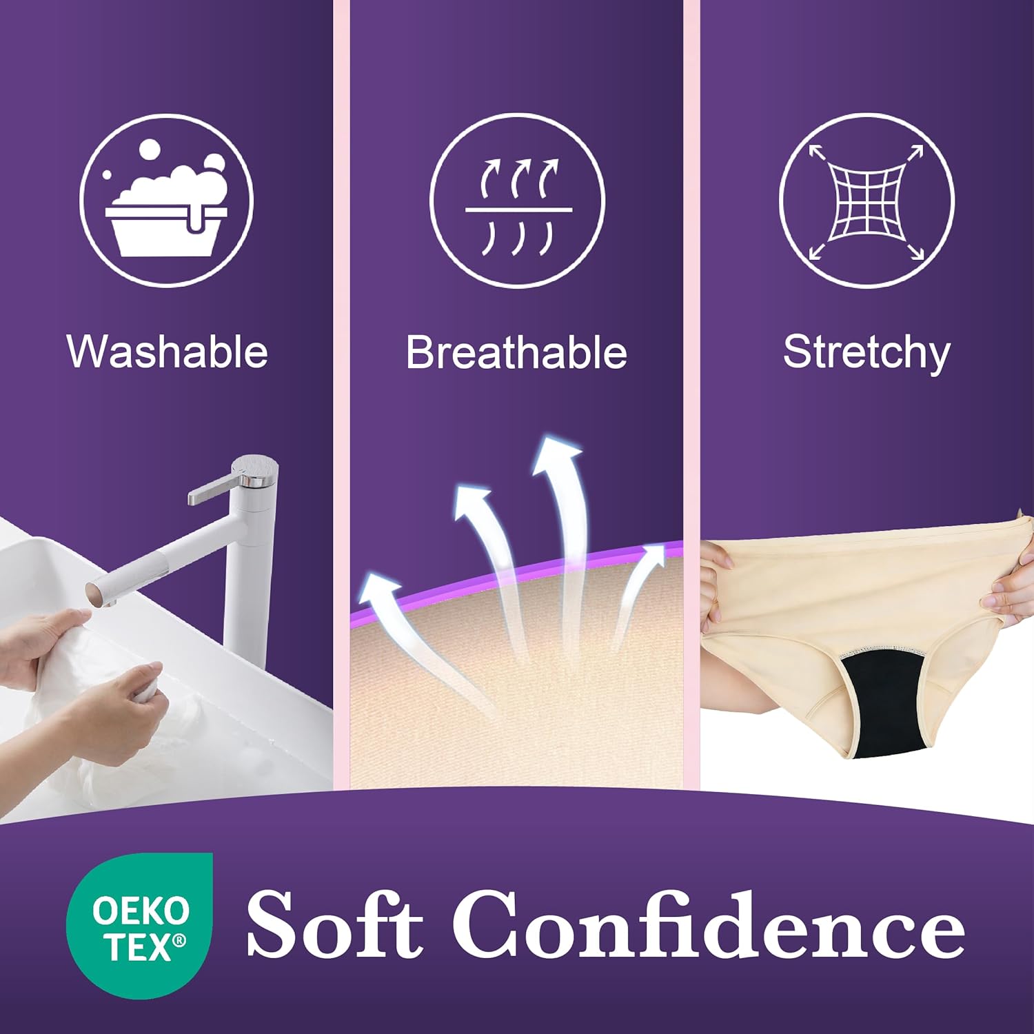 Incontinence Underwear for Women Washable Absorbent Leak Proof Postpartum Cotton Panties for Bladder Leakage 2.0 oz 3 Pack (3 Beige, 2XL) - Image 5