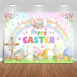 Mocsicka Spring Easter Backdrop Bunny Easter Eggs Party Decorations Rainbow Rabbit Egg Hunt Garden Easter Photo Background Banner (7x5ft)
