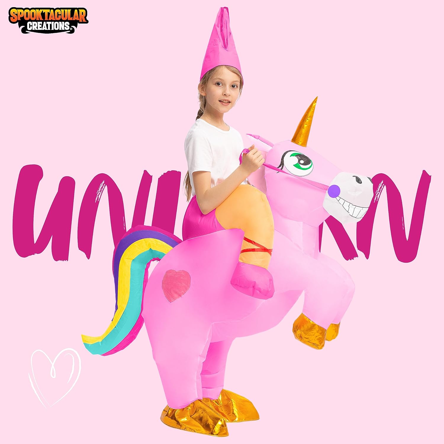 spooktacular creations kids inflatable halloween costume, riding a unicorn, colorful air blow-up set with hat hallowen party pink small