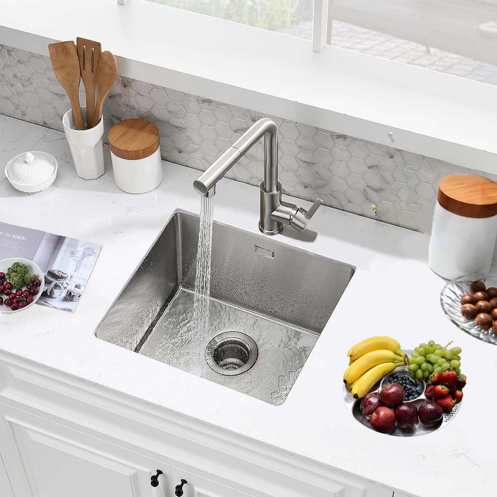 Evier Cuisine 40 X 45 cm, Evier Inox 1 Bac, Brossé | Montage Encastré, Sur Plan Ou Sous Plan, Avec Trop-Plein Et Filtre de Vidange, Idéal Pour Appartement Et Chalet