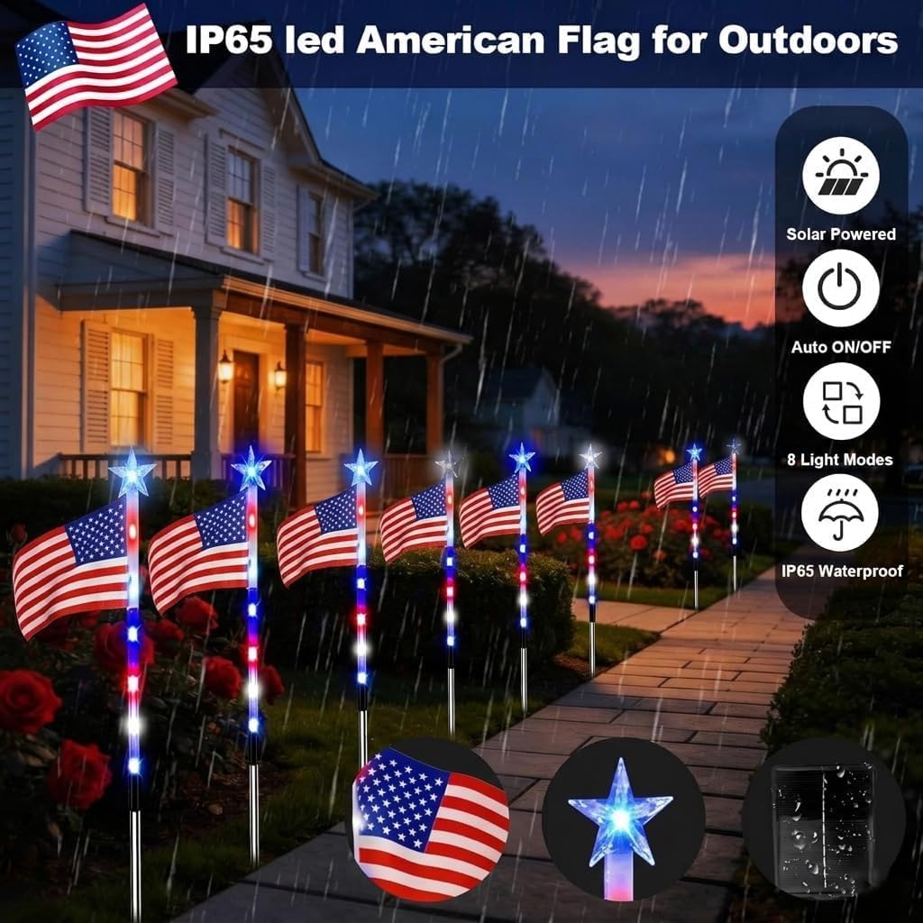 8 Pack Solar American Flag Lights Outdoor, 4th of July Decorations Outdoor,Red White and Blue Solar Lights Outdoor for Yard, Garden, Pathway, Independence Day, 250th Anniversary (16 Pack)