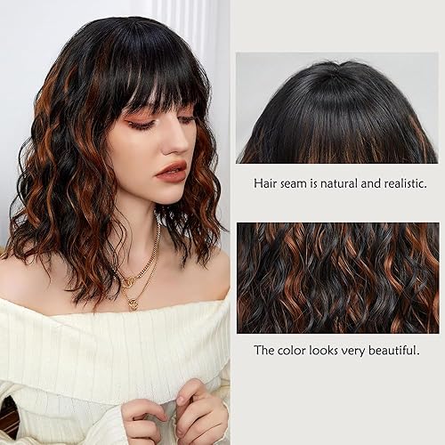 Miniatura 5 de Peluca negra con reflejos, longitud hasta el hombro, pelucas onduladas negras con flequillo para mujer, encantadoras pelucas de cabello sintético