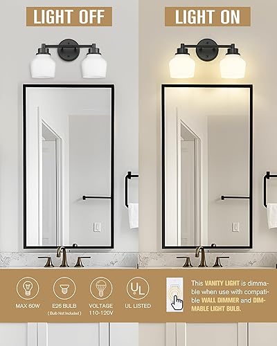 Miniatura 2 de Emak VL122-BK-ML-2 - Lámpara de tocador de 2 luces, moderno accesorio de baño negro para casa de campo sobre espejo con pantalla de vidrio de leche