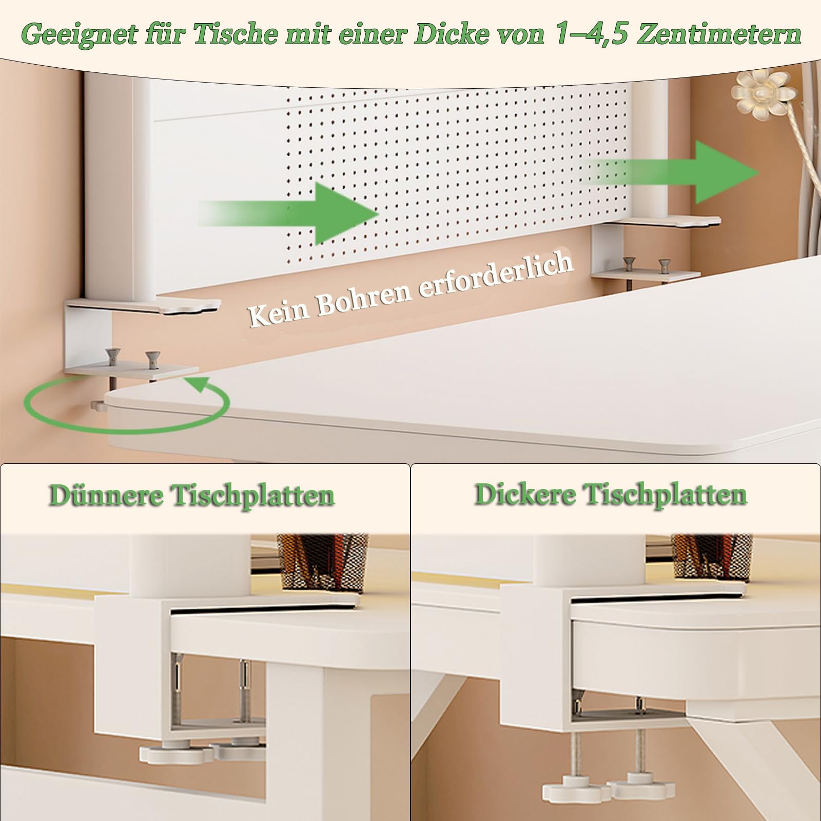 Klemmbare Schreibtisch Regal, 3 Ebenen Büro Computertisch Zubehör Organizer für Büro, Gaming, Zuhause, Aufhängbar, Klemmregal Mit 20 Zubehörteilen, (Weiß, 60x95cm)
