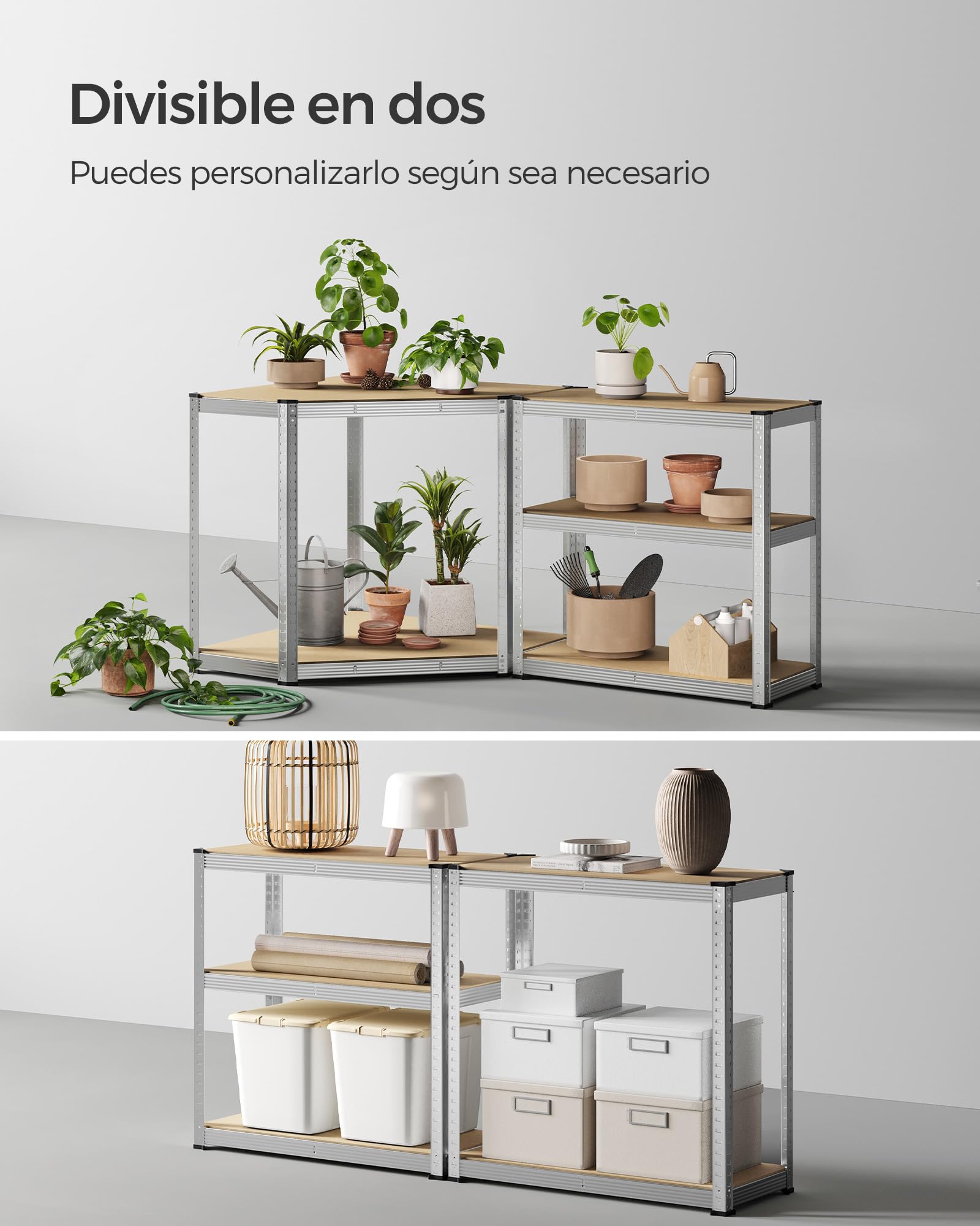 SONGMICS Juego de Estantería Esquinera de 5 Niveless, Estantería de Esquinera de Acero de Alta Resistencia, para Garaje, Almacén, Bodega, Carga de 2625 kg, Plata Pálido y Beige Natural GLR070E03