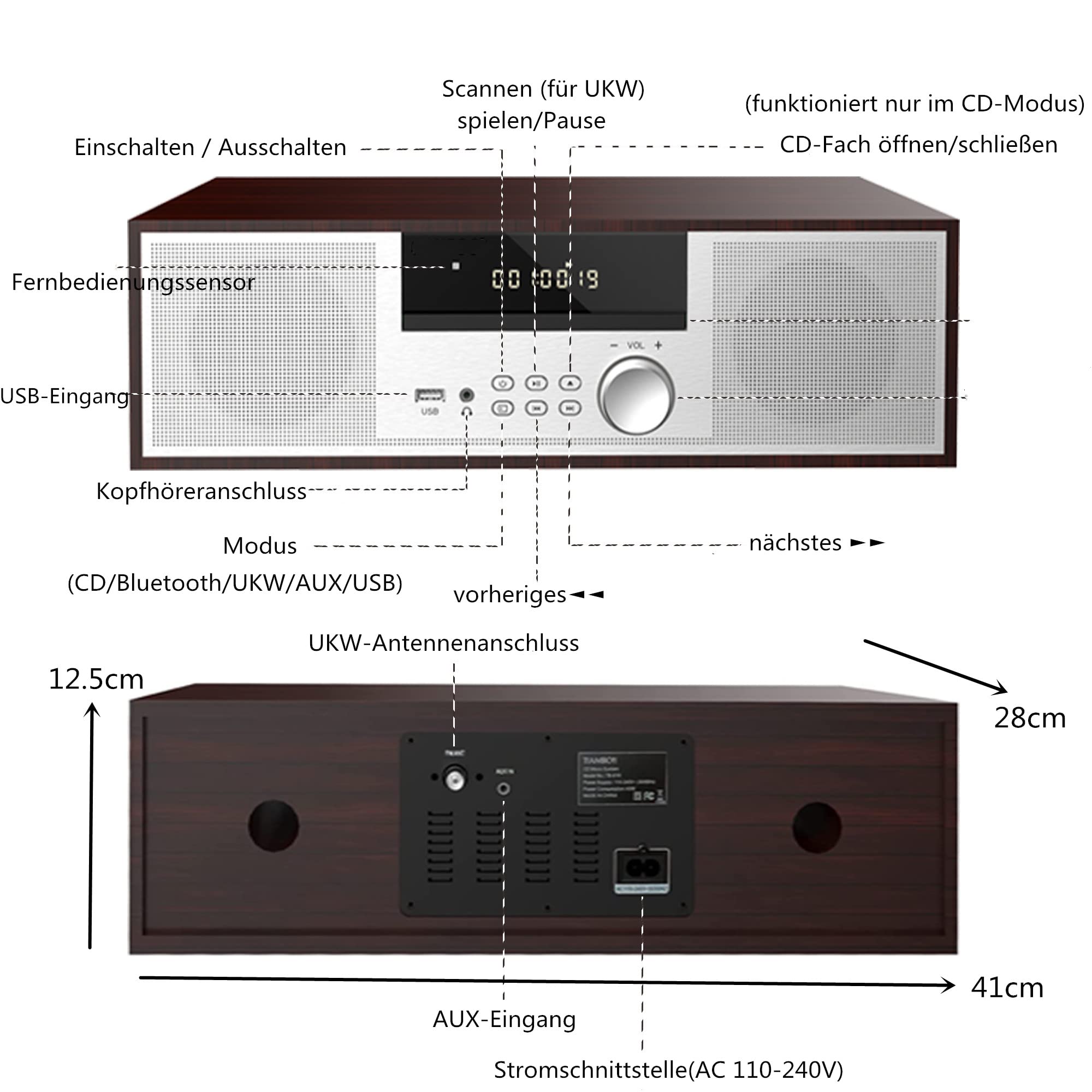 Jahrgang Micro HiFi-System CD-Stereoanlage Mini-Komponente 40W RMS CD-Player UKW/Bluetooth-kompatibel/USB/AUX/Fernbedienung/Kopfhörerbuchse Kompatibel mit hochauflösender Klangquelle,Silber,hölzern