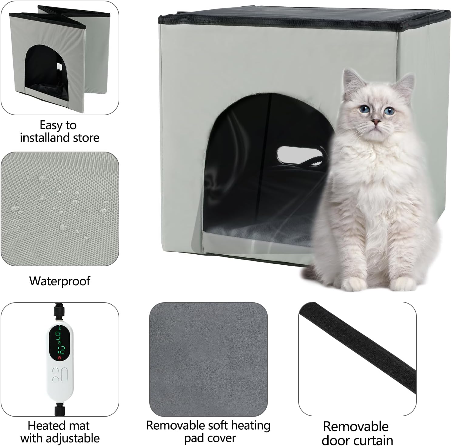 Heated Cat House, Heating Cat Houses for Indoor Outdoor Kitty with Heating Pad, Foldable Heated Kitty House Cat Shelter for Your Pet to Stay Warm and Cozy