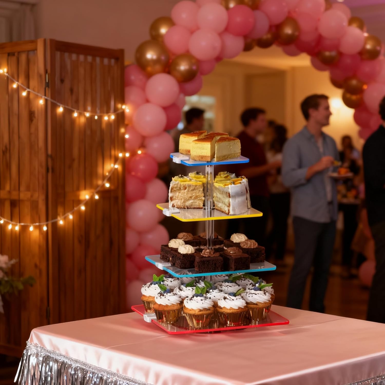 4-Tier Rotating Cupcake Stand with LED Lights - 360° Spinning Display Tower for Desserts, Cakes & Pastries - Rechargeable 7-Color Changing Serving Tray for Weddings, Parties & Festive Gatherings (Clear Acrylic)