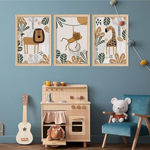 Miniatura 4 de YWJKWLGS Decoración de pared de safari para bebé, 16 x 11 pulgadas, juego de 3 bonitos carteles de estampado de jirafa, mono y león, marco de madera