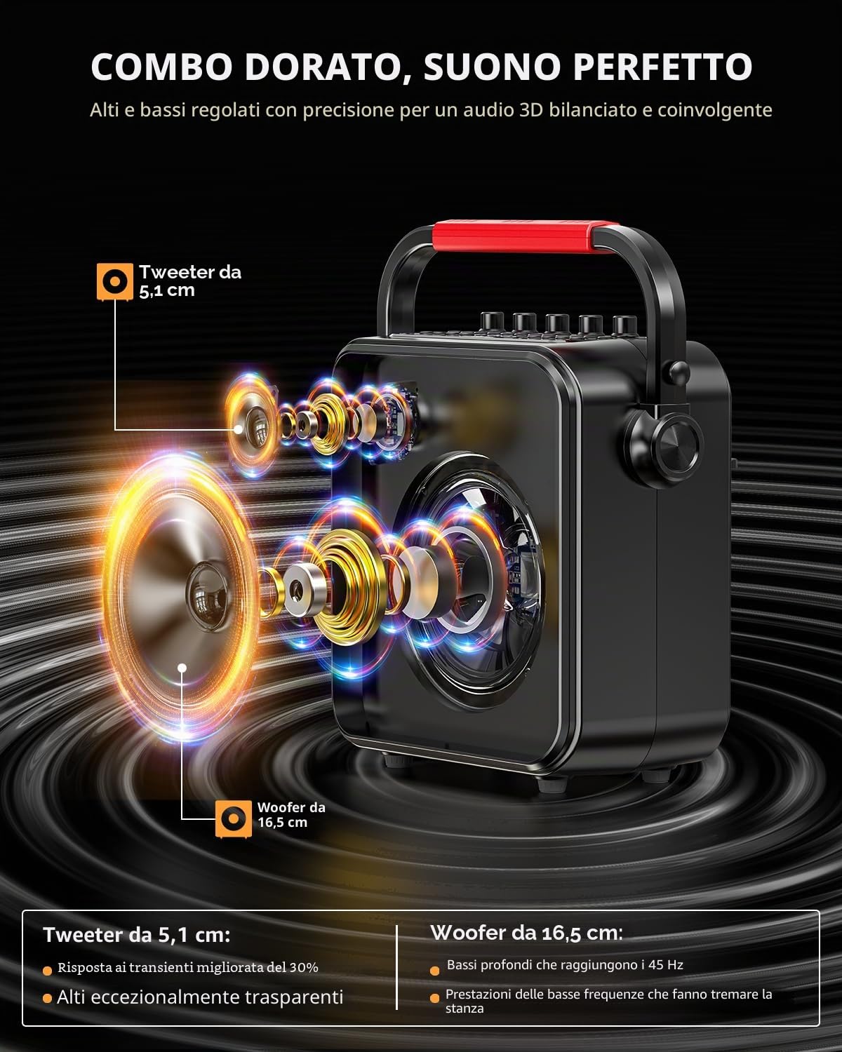 Karaoke con 2 Microfono, Casse Karaoke Professionale Completo,Portatile Bluetooth con modalità karaoke/MIC modalità priorità/TWS/REC/EQ/FM/regolazione dei toni alti e bassi/ECHO,Supporta USB/TF/AUX