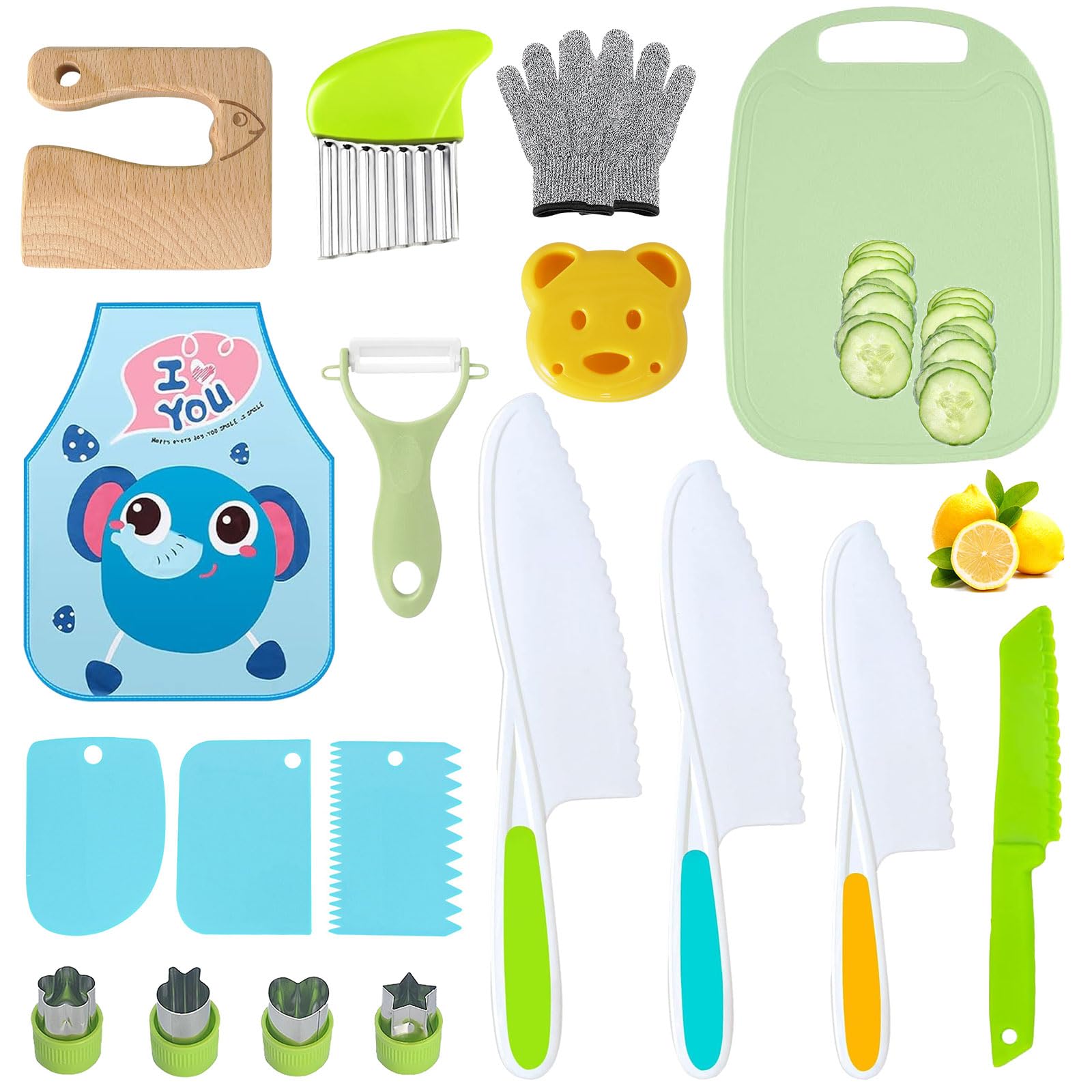 18 Pcs Kids Kitchen Safety Knife Set,Toddler Knives for Chopping with Kids Apron,Knives,Cutting Board,Potato Cutter,Peeler,Scrapers,Gloves,Fruit Cutting Molds,Cooking Tools for Birthday Gift