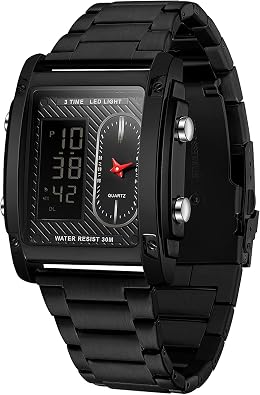 findtime Cool Rectangle Watches for Men Black Stainless Steel Mens Wristwatch with Digital Analog Dual Time Relojes para Hombres Dress Unique Designer Sport Watch