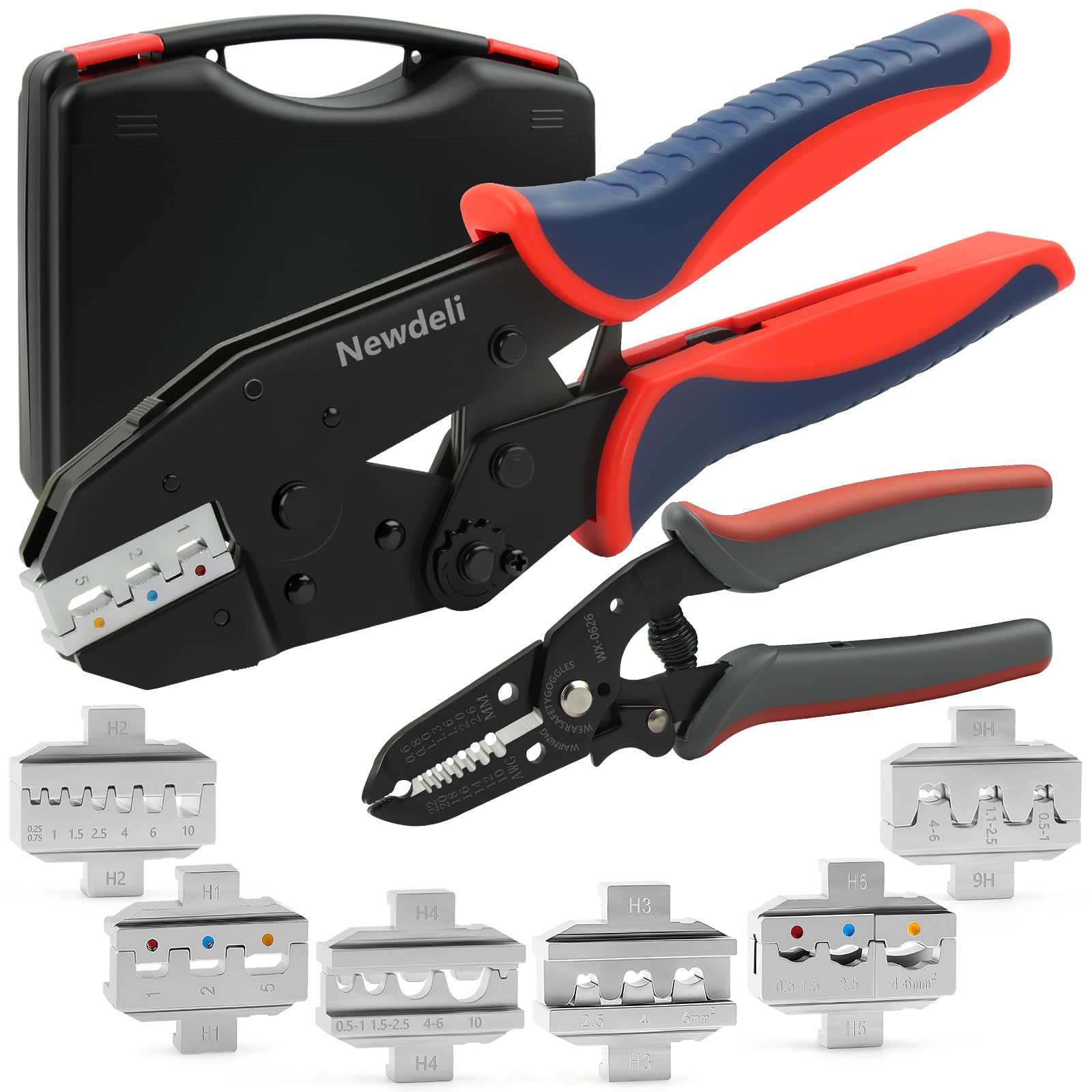 Newdeli Kit de herramientas de crimpado de alambre, 7 alicates de crimpado de alambre de trinquete para conectores termorretráctiles, conectores de virola conectores solares, conectores de barril