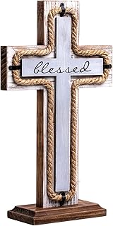 OKSQW Wall Wooden Cross with Wooden Base Christians Crosses Spiritual Religious Cross Christmas Wall Hanging Handmade Wood Hemp Rope & Blessed Design for Church Home Room Décor Wood Crucifix Gift
