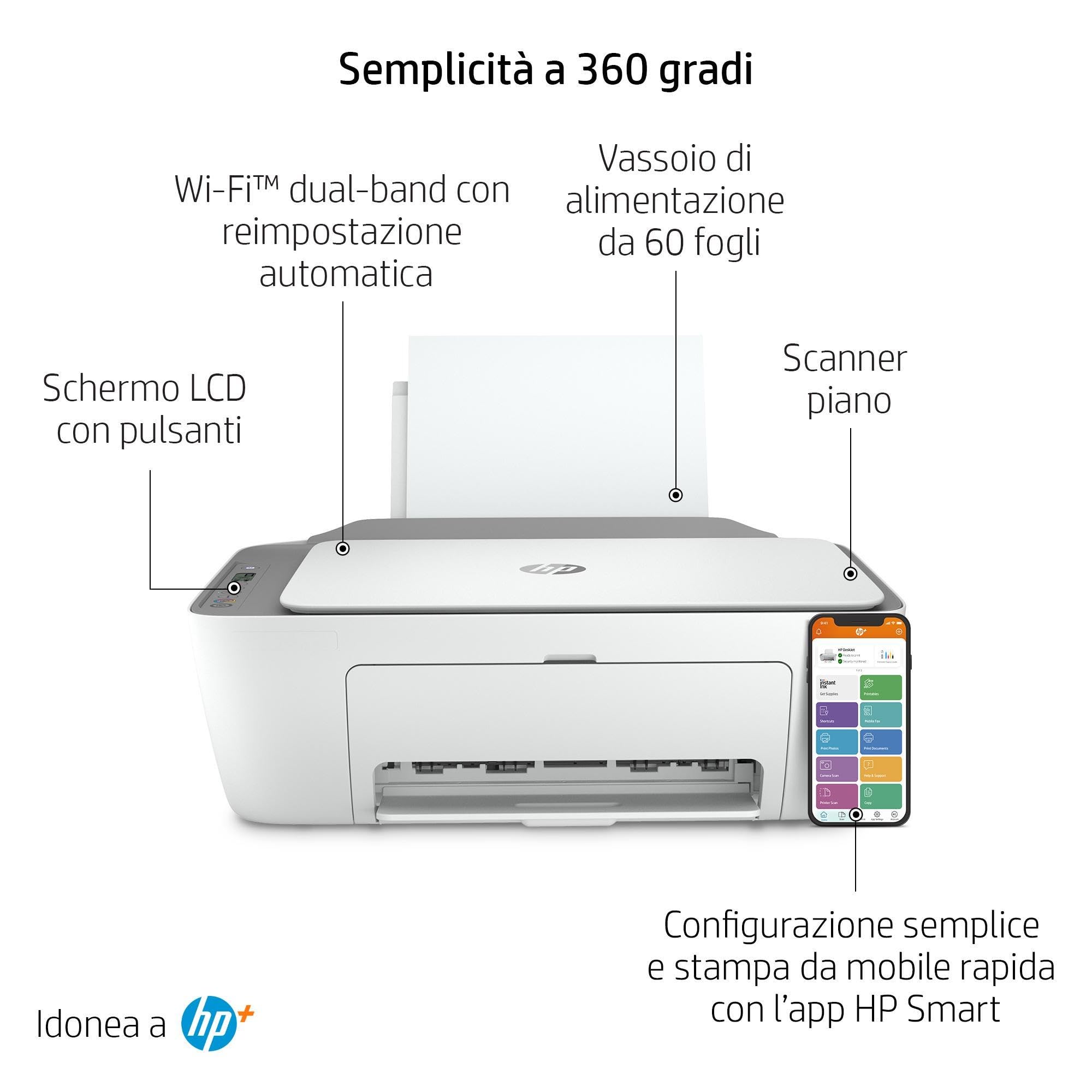 HP DeskJet 2720e 26K67B, Stampante Multifunzione a Getto d'Inchiostro A4 a Colori, Fronte e Retro Manuale, 7,5 ppm, Wi-Fi, 6 Mesi di Inchiostro Instant Ink Inclusi, Bianca