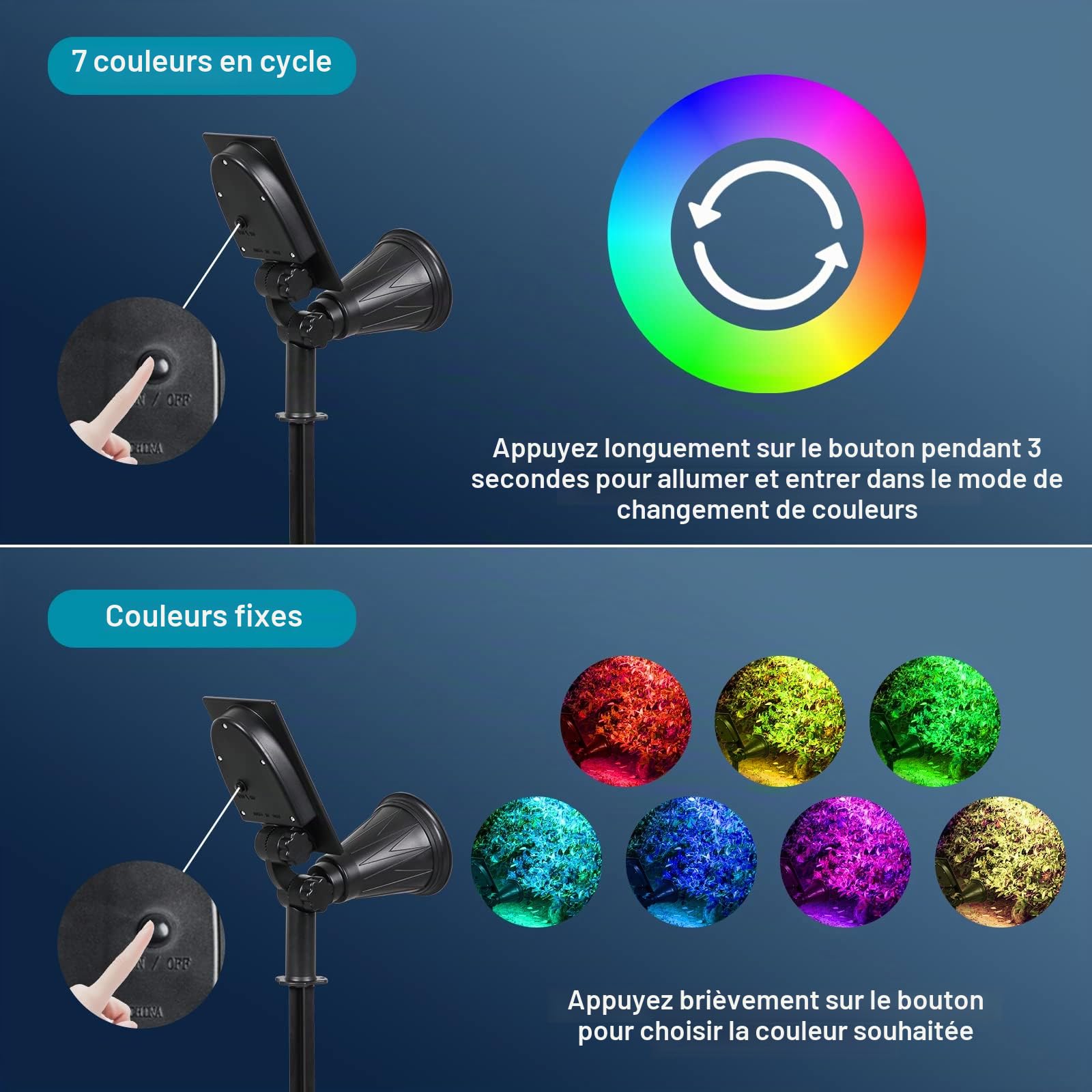 T-SUNUS Spot Solaire Extérieur Couleur, Lampe Solaire Exterieur RGB avec 7 Couleurs 7 LEDs Lumiere Solaire Exterieur Puissante pour Patio Pelouse Arbre Cour Pack de 4