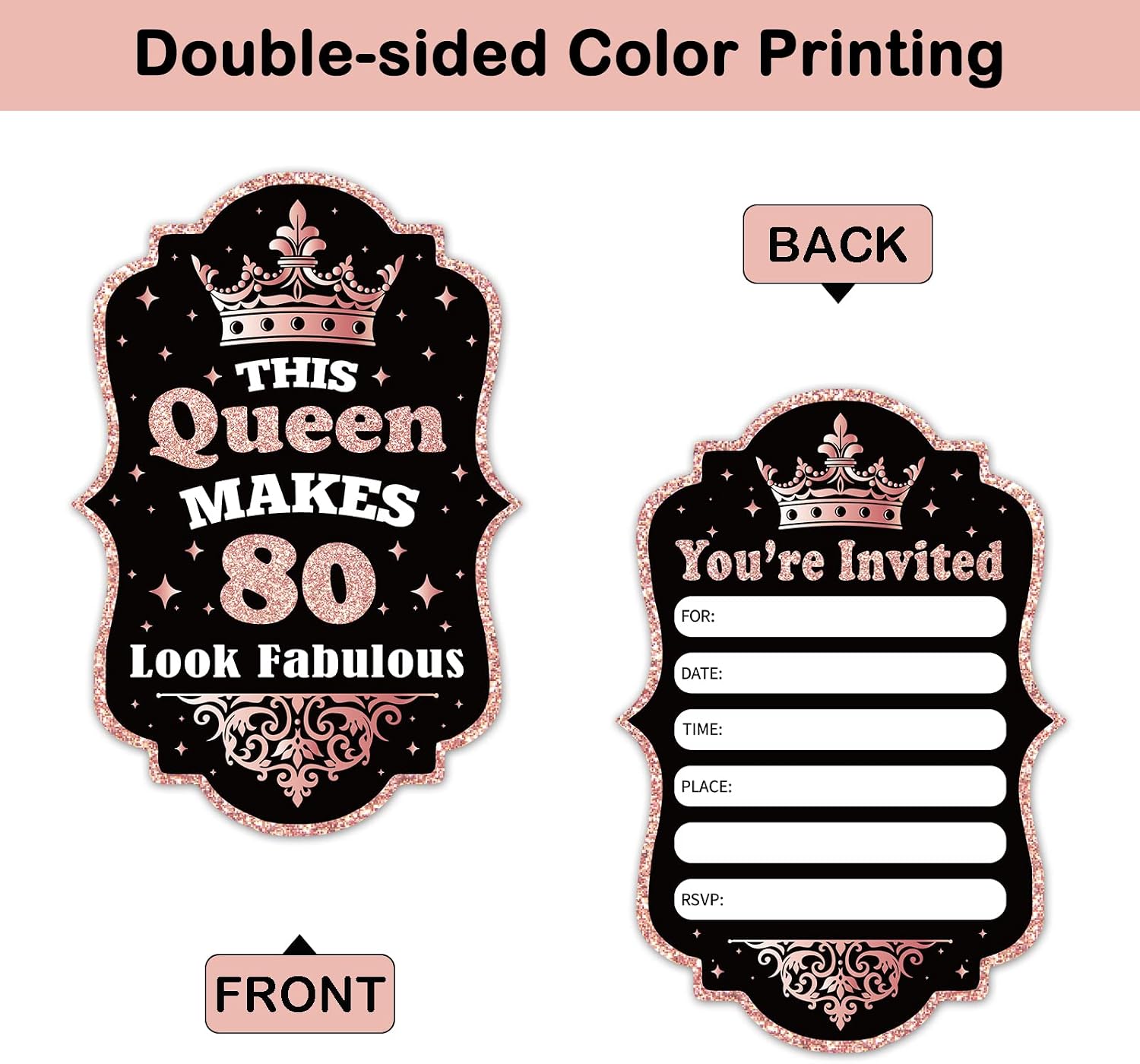 REWIDPARTY Rose Gold 80th Birthday Party Invitations with Envelopes & Stickers - Set of 15 Shaped Fill-in Invitations for Women