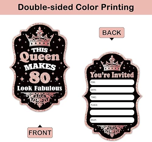 Miniatura 2 de REWIDPARTY Invitaciones de fiesta de cumpleaños número 80 de oro rosa con sobres y calcomanías (juego de 15) invitaciones de 80 cumpleaños en forma
