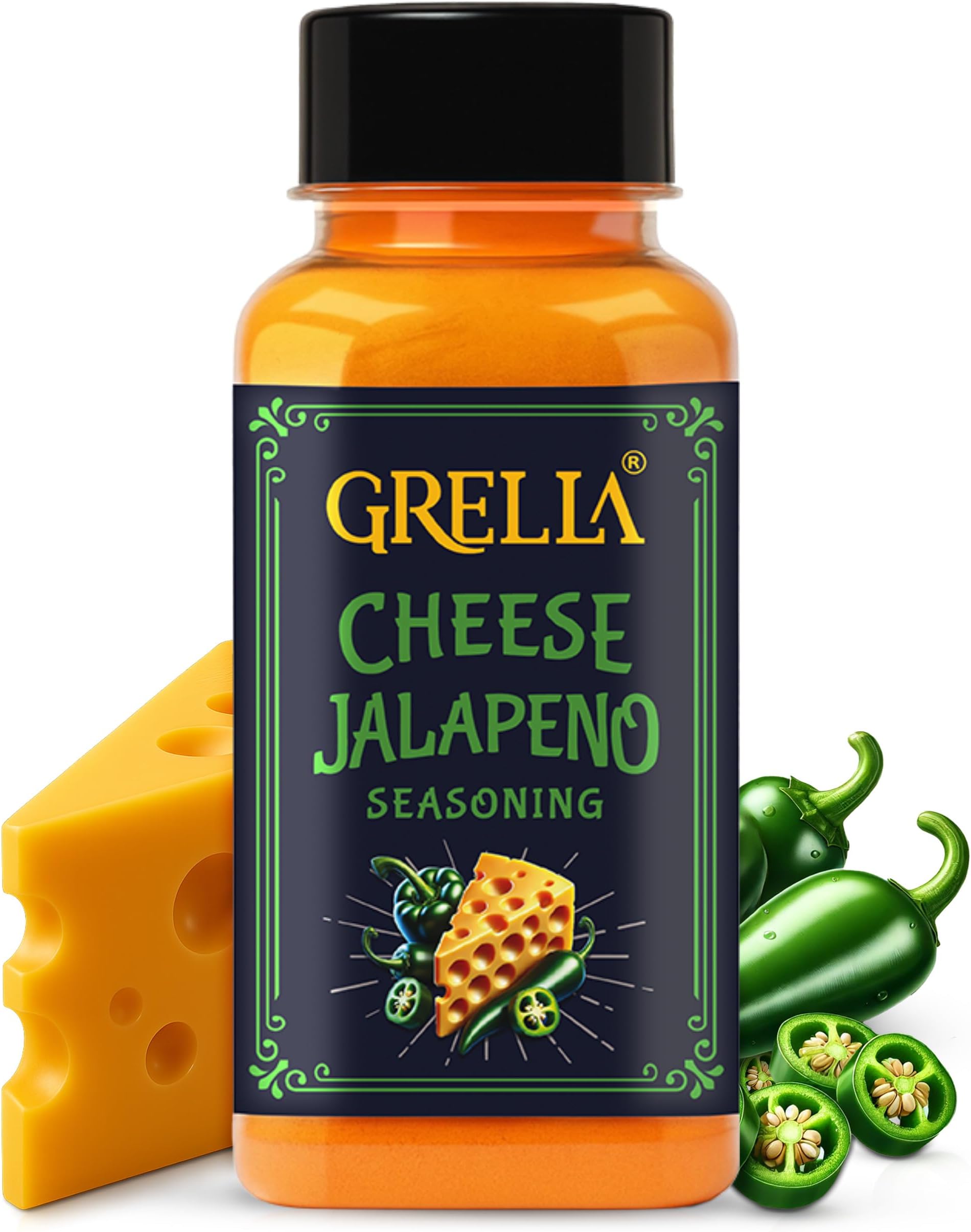 Grella Cheese Jalapeno Seasoning Powder 125 grams for Popcorn, Nachos, Pasta, Fries, Dips and other snacks by - SEASON IT UP, Theater Cheese popcorn powder | Jalapeno Cheddar Cheese powder