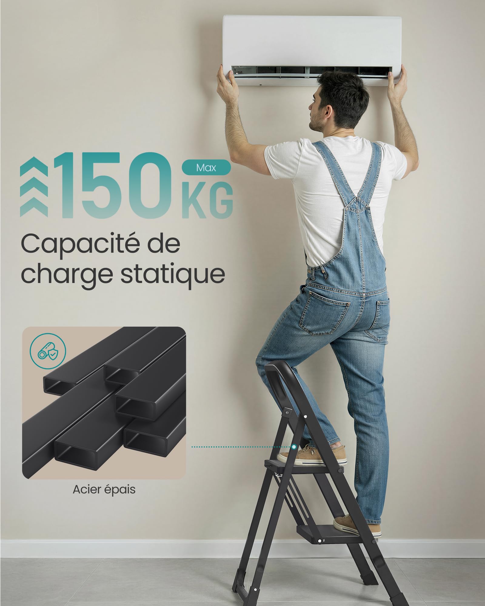 SONGMICS Marchepied 2 Marches Pliable, Escabeau, Verrou de Sécurité, Facile à Ranger, Charge 150 kg, Noir GSL012BZ01