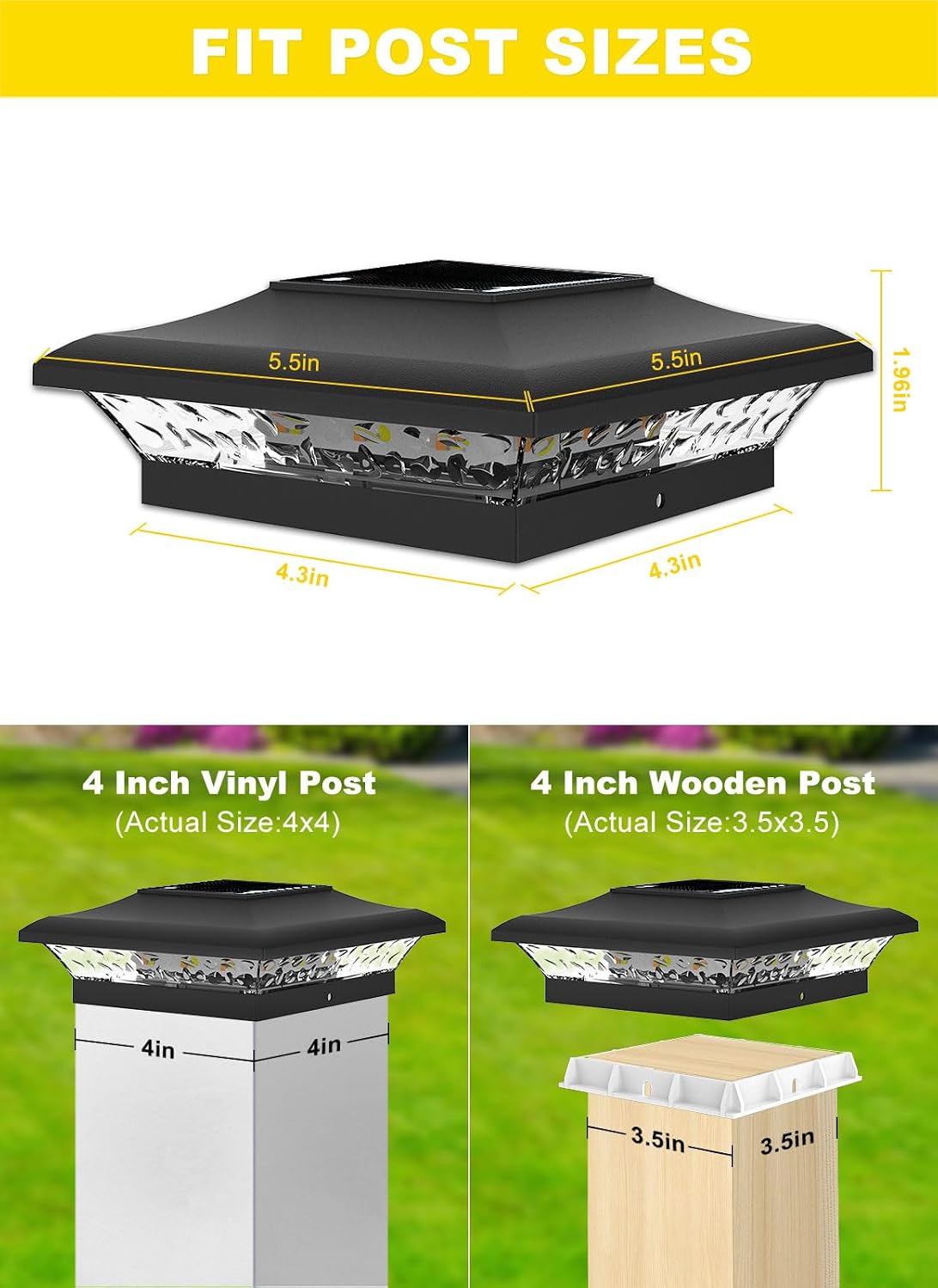 T-SUN Solar Post Cap Lights 6 Pack for 4x4 Vinyl/Wooden Posts, Waterproof Outdoor Warm & Cool White（3000K/6000K） Solar Powered Deck/Garden/Patio Lighting