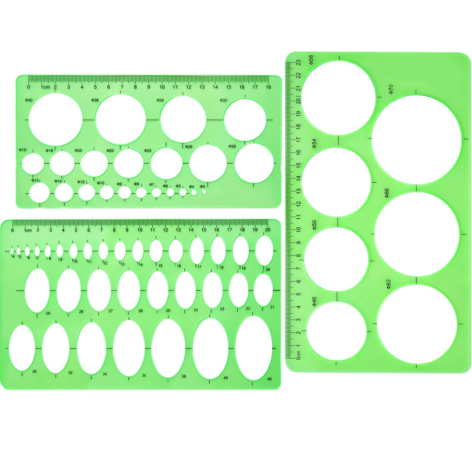 Benting Circle Template Pack of 3 - Plastic Circle and Oval Measuring Rulers for Digital Drawing, Office, School, Building Formwork (Clear Green)