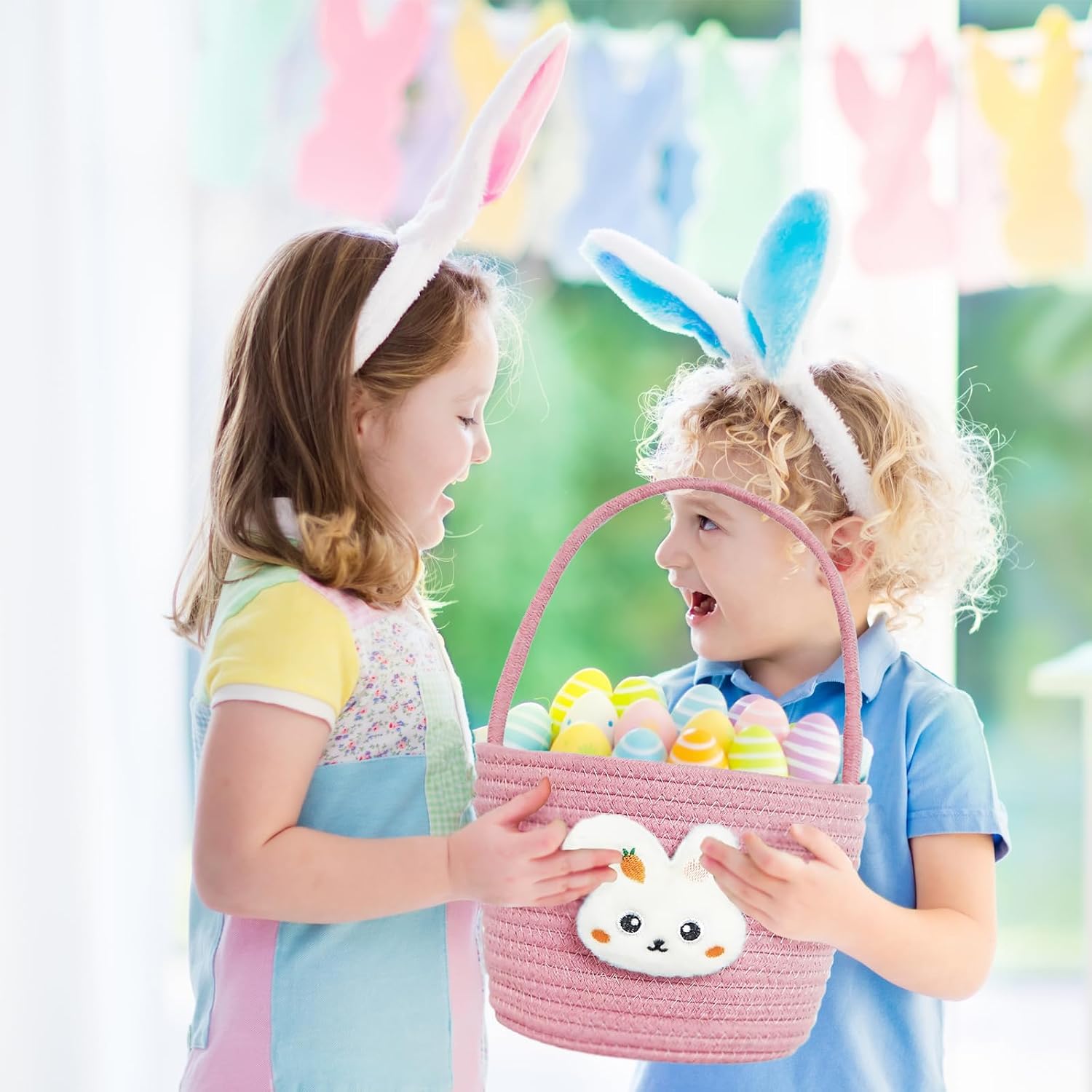 Poschnor Easter Basket for Kids, Easter Bunny Basket with Gift Bags and Ribbons, Woven Cotton Rope Egg Easter Baskets for Girls, Boys, Toddler, Babies, Pink