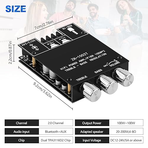 Miniatura 5 de ZK 1002T Bluetooth 5.0 Amplificador, 2 x 100 vatios amplificador con chip TPA3116D2, amplificador estéreo 2.0 canal con control de agudos y graves