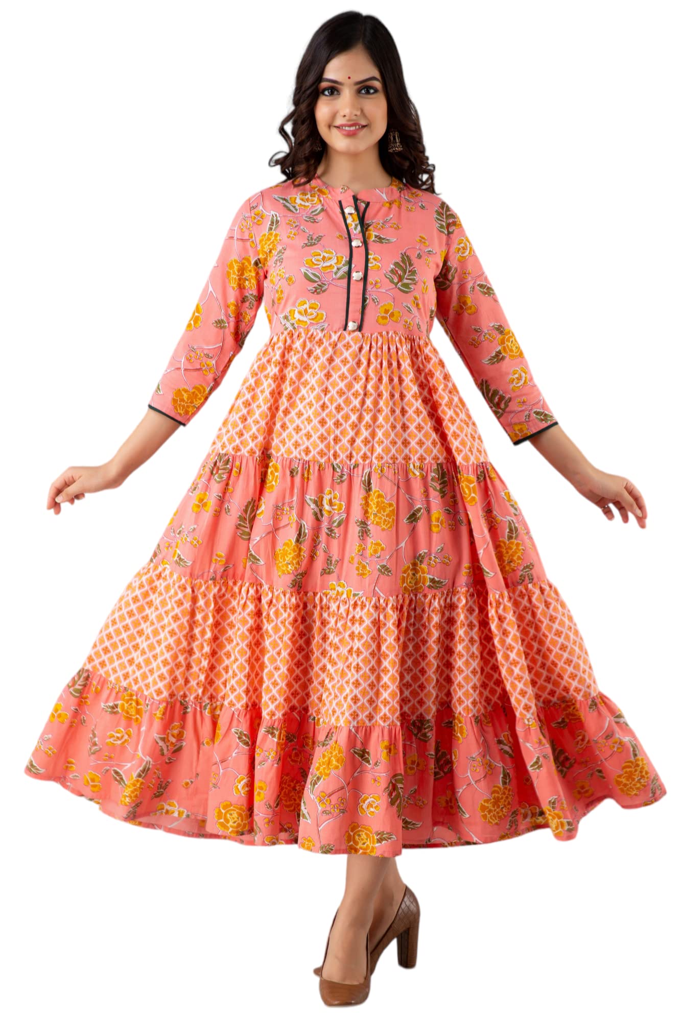 Jikonet Women's Cotton Anarkali Midi Casual Dress (G37Ox_Ti-250-S_Orange