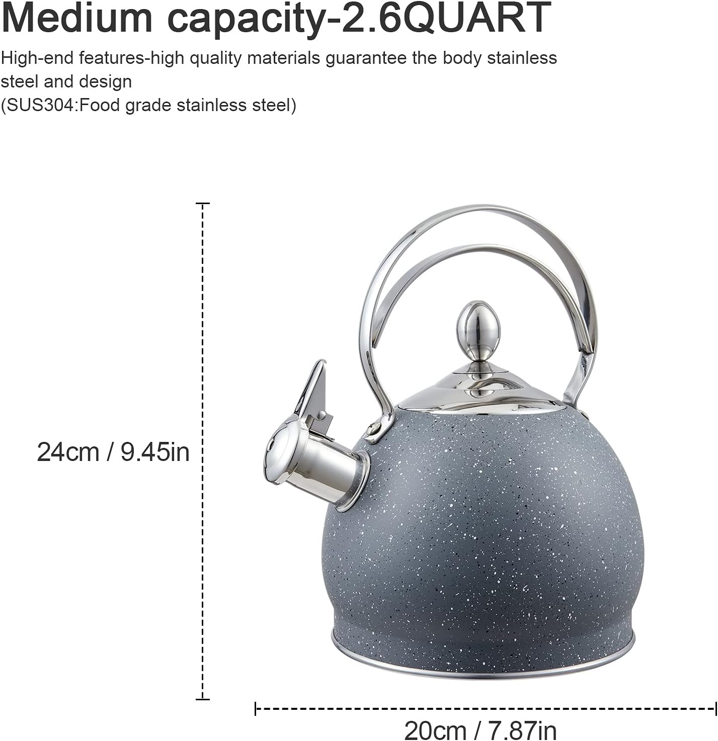 Creative Home 2.5 Qt. Stainless Steel Whistling Tea Kettle Teapot with Aluminum Capsulated Bottom for Fast Boiling Heat Water, for Induction Stove Top, Opaque Gray