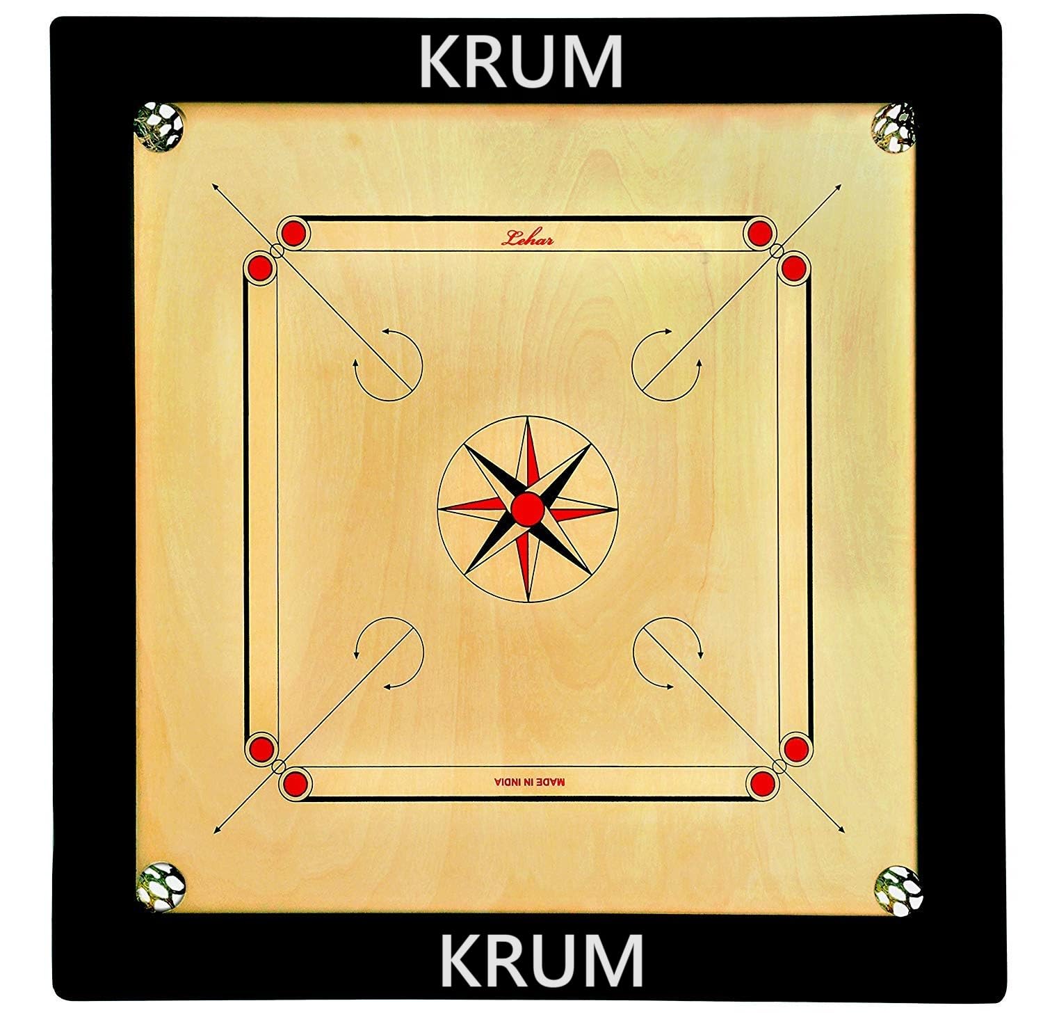 KRUM Planche de carrom de qualité supérieure de 66 cm avec pli blanc, bordure de 6,3 cm – Comprend des pièces de carrom, un bâton et de la poudre | Jeu de carrom pour une expérience de jeu ultime
