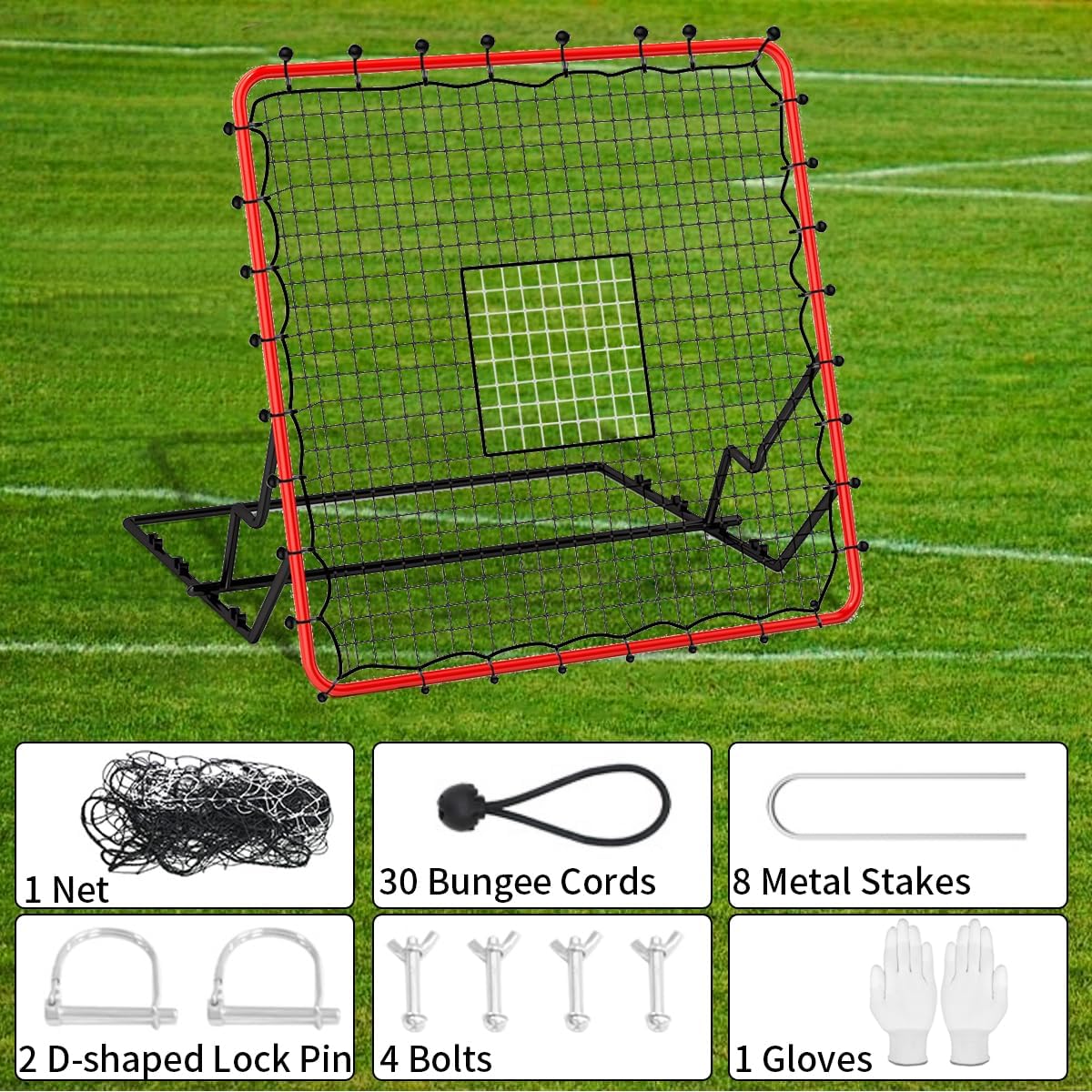 4x4.5FT Baseball Rebounder Net with 4 Adjustable Angles & 30 Bungee Cords, Multi-Sport Pitchback Net for Soccer, Baseball, Softball, Volleyball Practice –Tool-Free Setup, All Levels Youth & Adults