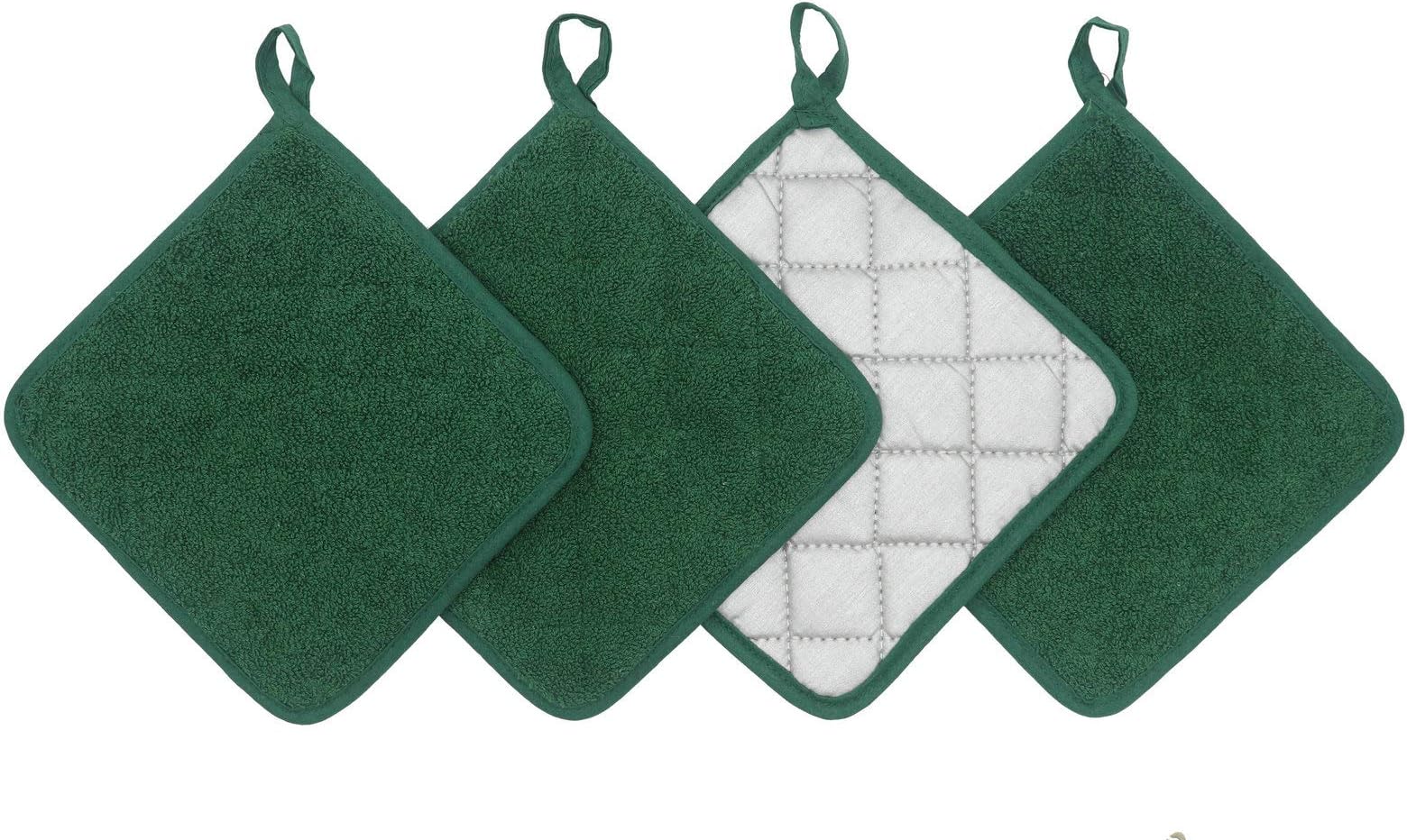 Cotton Pot Holders Cotton Made Machine Washable Heat Resistant Everyday Kitchen Basic Terry Pot Holder, Hot Pads, Trivet for Cooking and Baking Set of 4 (Dark Green)