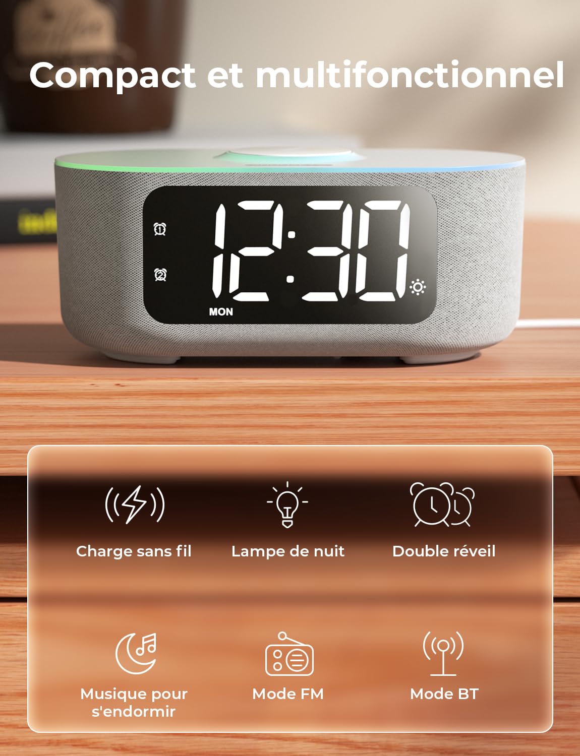 LIORQUE Radio Réveil Bluetooth avec Chargement sans Fil Qi 15W, Réveil Connecté avec Écran LED et 5 Luminosités Réglage, Auto Dimmer, 2 Alarms, Mode Week-End, Sommeil Sonore, Affichage Semaine