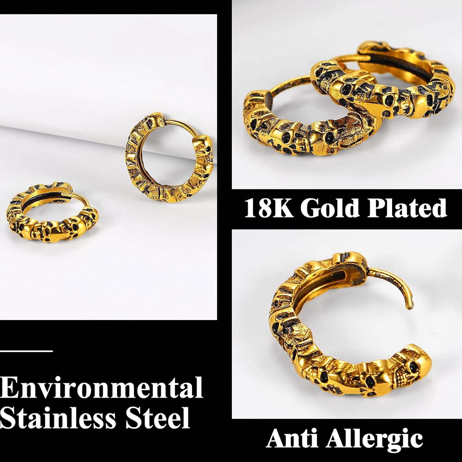 Richsteel Skull Earrings for Women Mens Gothic Stainless Steel/Gold/Black Plated Small Hoop Punk Snake/Dragon Jewelry - Image 3