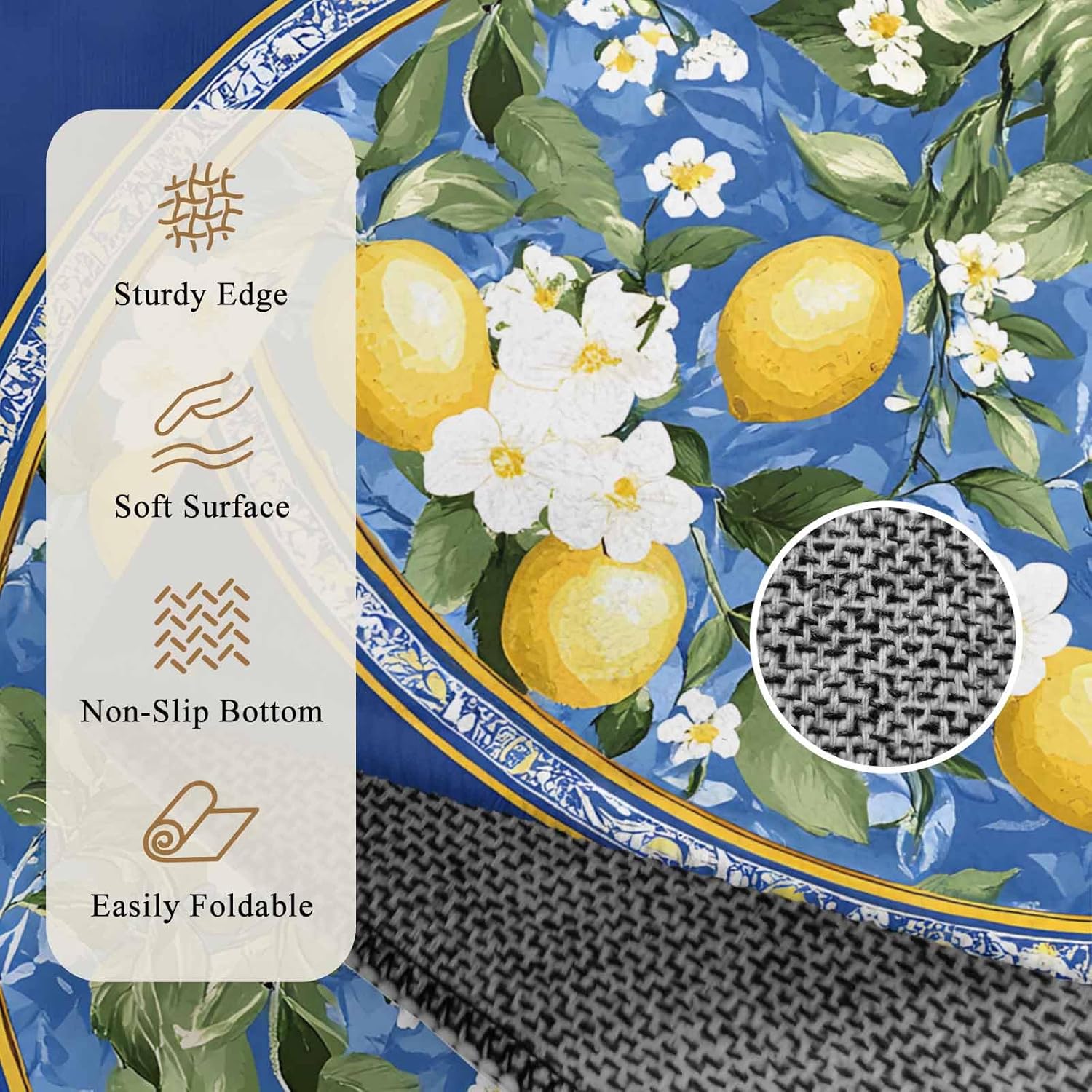 Area Rug Round 4ft Washable Low Pile Indoor Floor Mat with Non Slip Backing, Modern Summer Vintage Bohemian Lemon Carpet for Bedroom, Living Room, Entryway