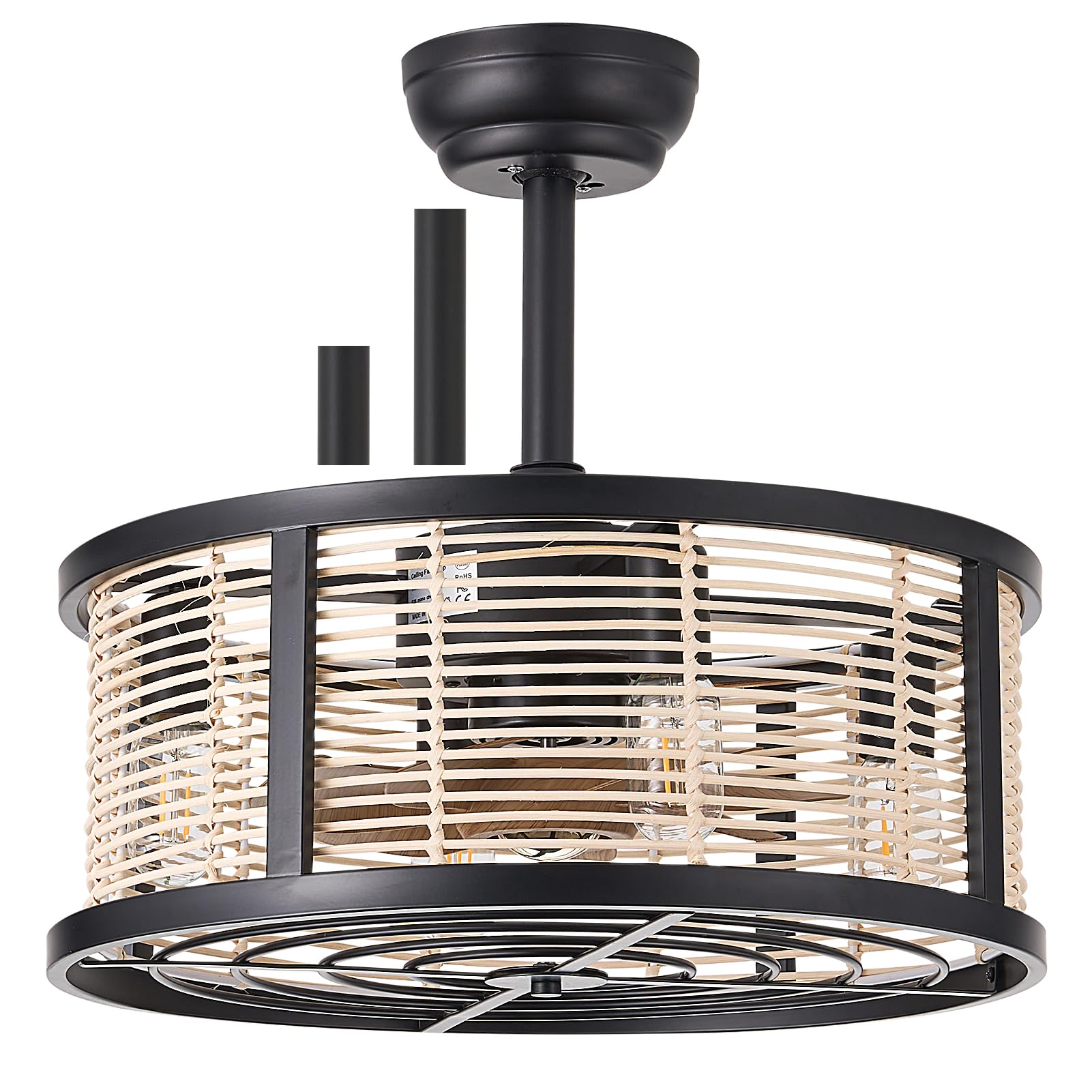 zheshirui 20 Inch Rustic Chandelier Ceiling Fans with Lights Remote Control, Rattan Fandelier Ceiling Fan with Light, Enclosed Farmhouse 6 Speeds for Bedroom, Kitchen, Living Room