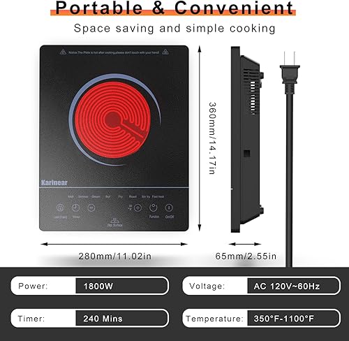 Miniatura 6 de Karinear Estufa eléctrica portátil, estufa eléctrica de un solo quemador de cerámica con control táctil, bloqueo de seguridad, temporizador,