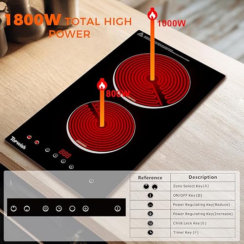 Miniatura 5 de Placa de cocina eléctrica, 2 quemadores integrados, 110 V, enchufable, estufa de 12 pulgadas con control táctil, temporizador, bloqueo para niños,