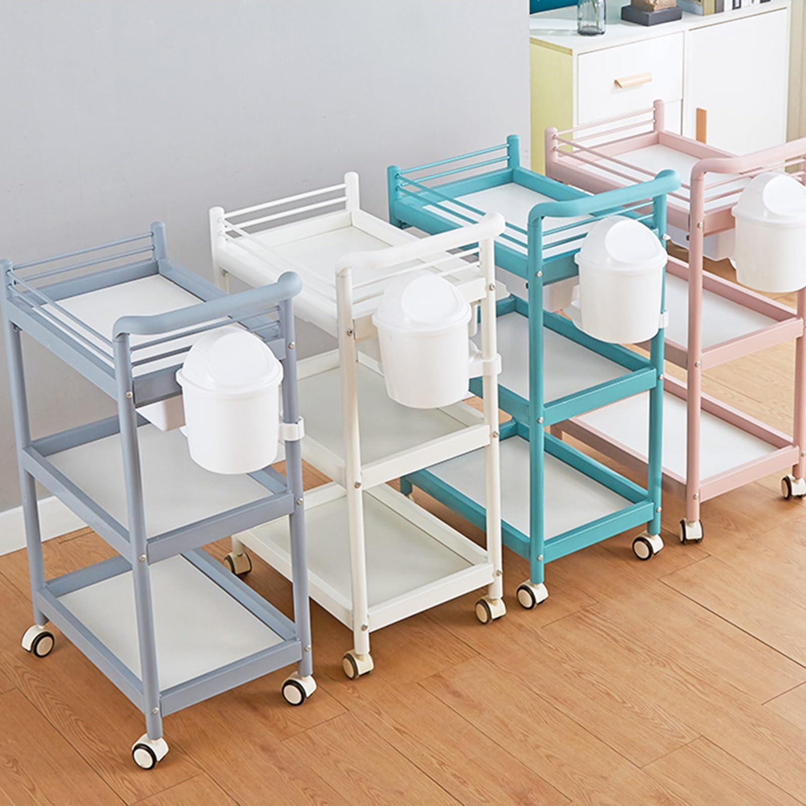 Carrello Estetista A 3 Livelli Carrello Rotante con Maniglia Carrello Parrucchiere con Cassetto Scorrevole E Cestino Portaoggetti Carrello Portaoggetti con Guida Superiore(Pink)