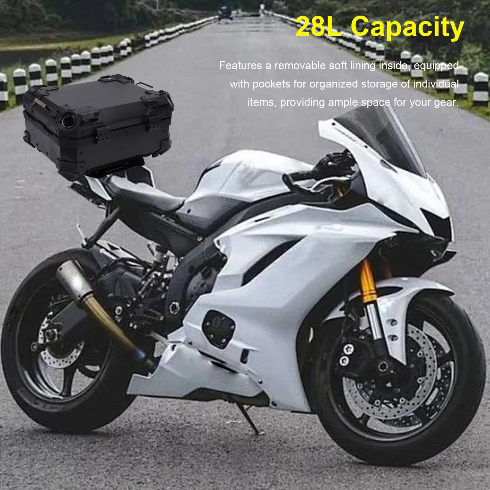 Fockety 28-litrowy kufer motocyklowy z zamkiem, uniwersalny aluminiowy kufer motocyklowy z kluczykami, wyjmowaną miękką wyściółką i kieszeniami, odporny na wstrząsy schowek